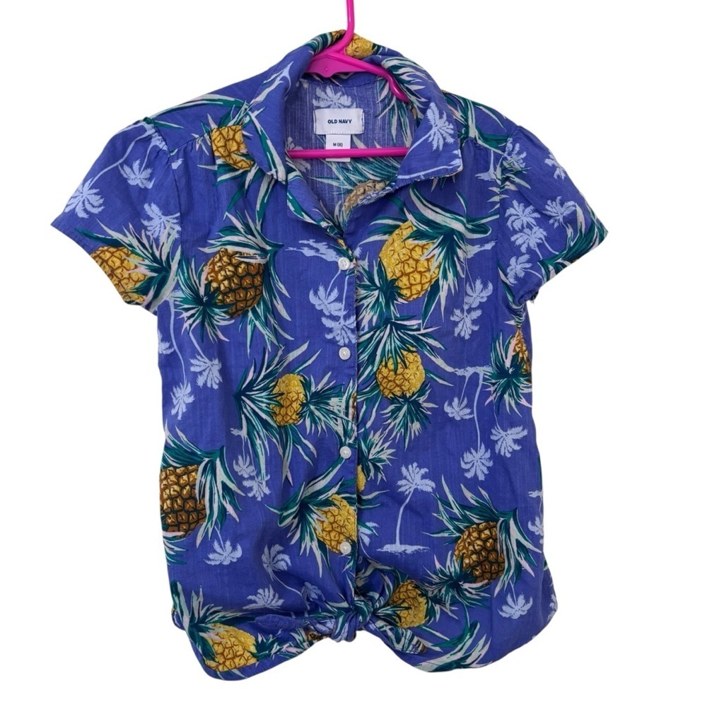 3/$15 Old Navy girls/kids Blue yellow Pineapple Button-Up Shirt size 8